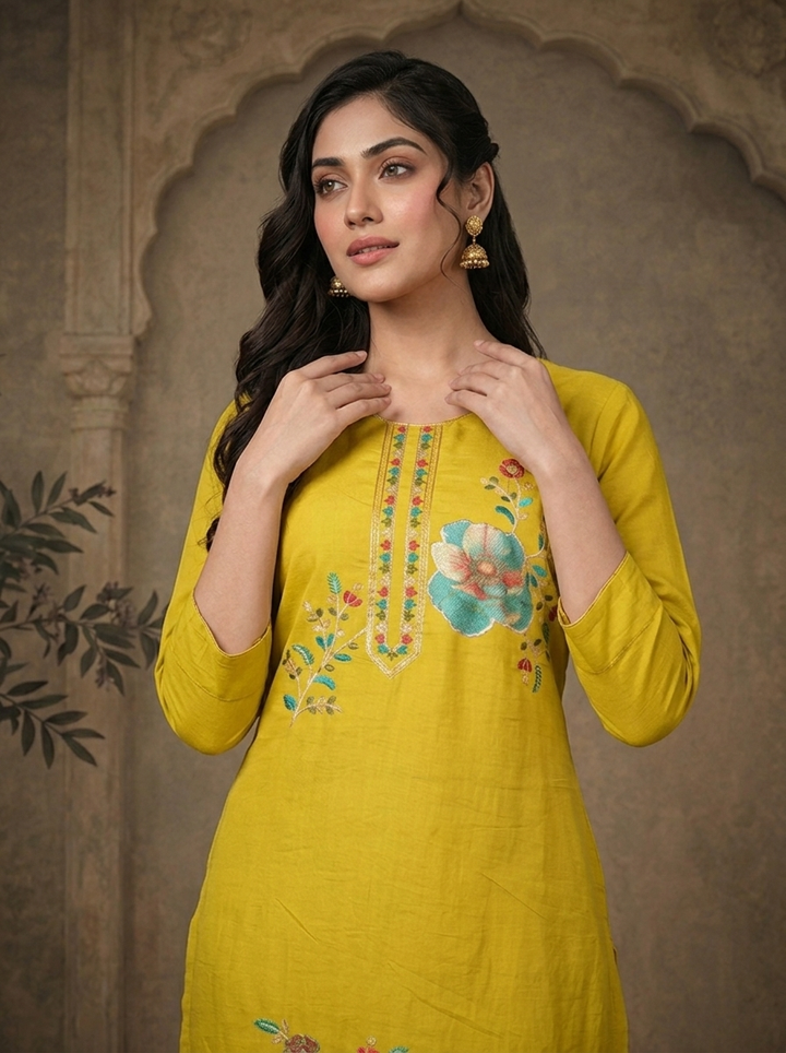 Lime Green Modal Floral Thread Embroidered Three Piece Set