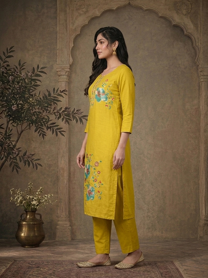 Lime Green Modal Floral Thread Embroidered Three Piece Set