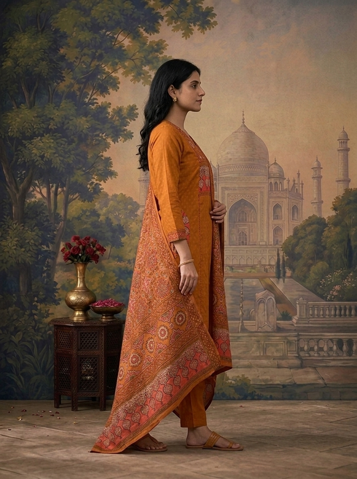 Gold Cotton Solid With Ethnic Printed Three Piece Set