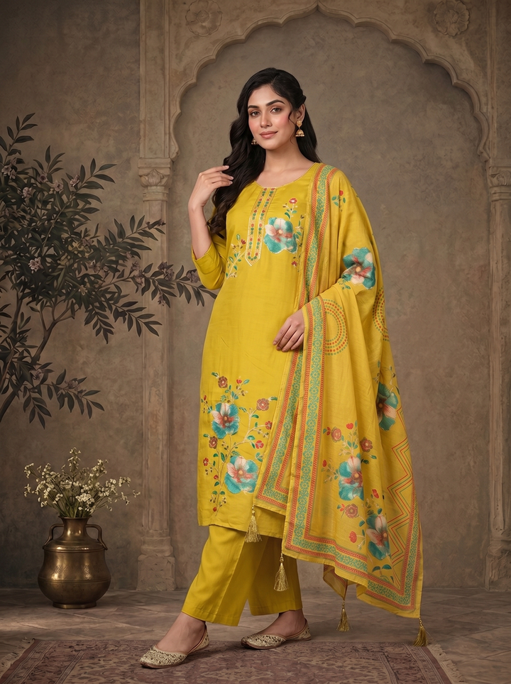 Lime Green Modal Floral Thread Embroidered Three Piece Set