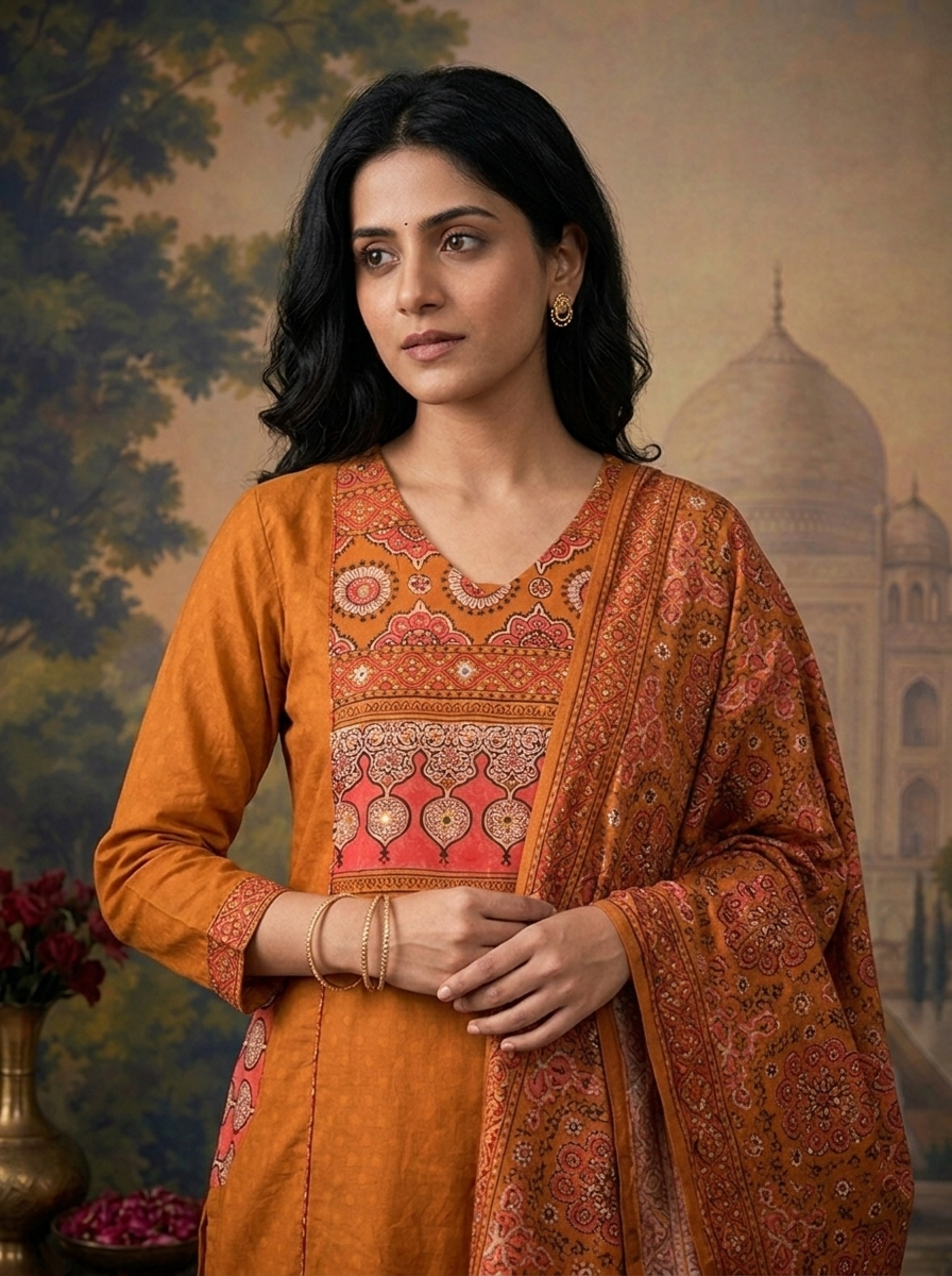 Gold Cotton Solid With Ethnic Printed Three Piece Set