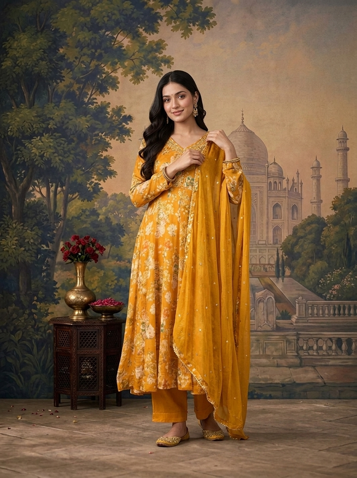 Gold Chinon Floral Digital Printed Three Piece Set
