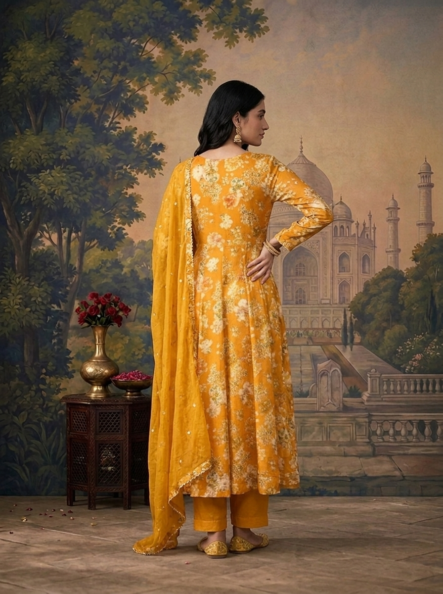 Gold Chinon Floral Digital Printed Three Piece Set