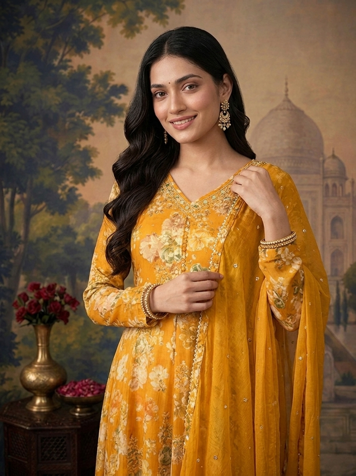 Gold Chinon Floral Digital Printed Three Piece Set
