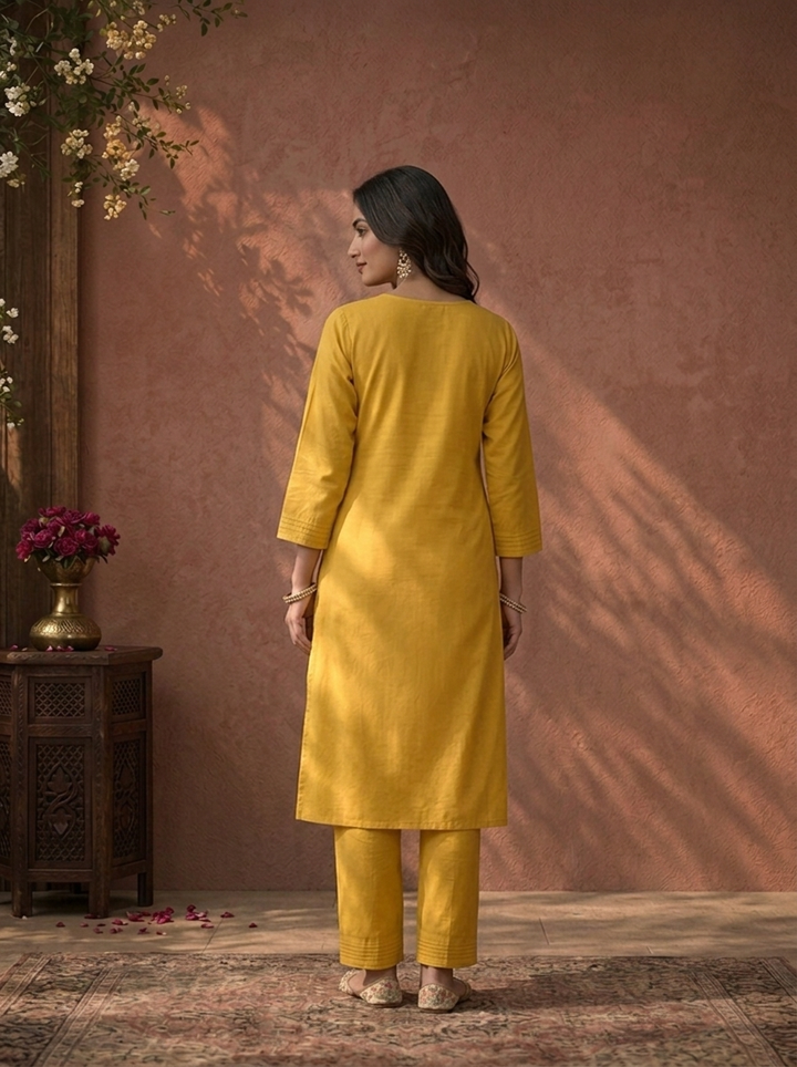 Yellow Cotton Multicolor Floral Thread Embroidered Three Piece Set