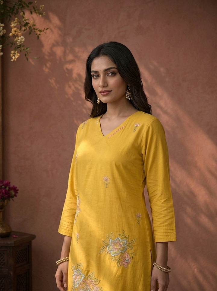 Yellow Cotton Multicolor Floral Thread Embroidered Three Piece Set