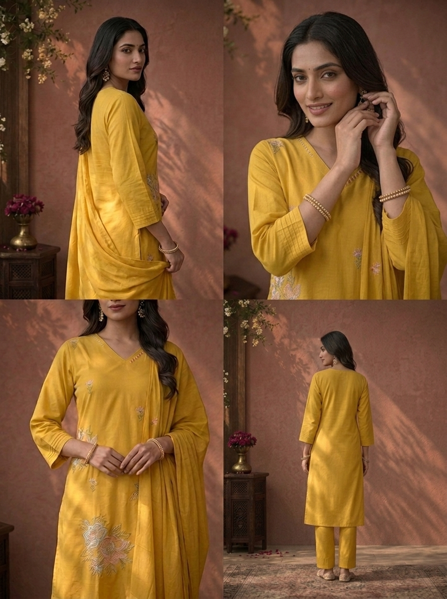 Yellow Cotton Multicolor Floral Thread Embroidered Three Piece Set