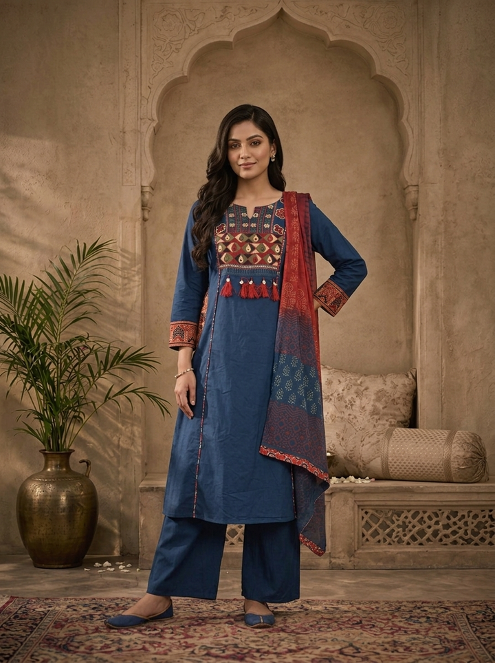 Blue Cotton Solid With Ajrakh Embroidered Three Piece Set