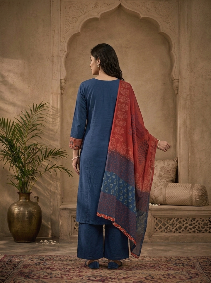 Blue Cotton Solid With Ajrakh Embroidered Three Piece Set