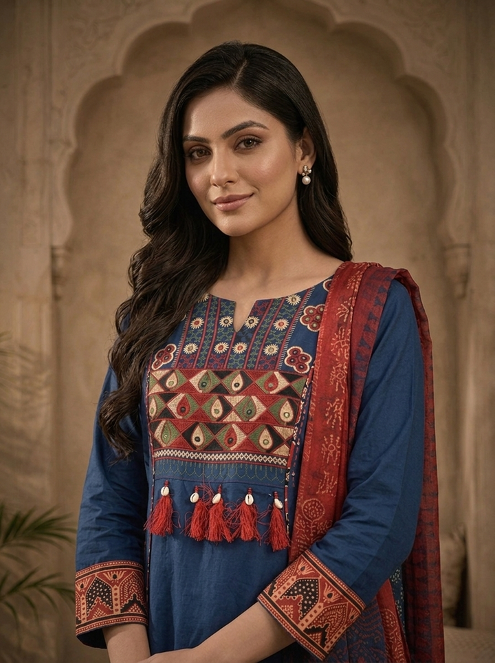 Blue Cotton Solid With Ajrakh Embroidered Three Piece Set