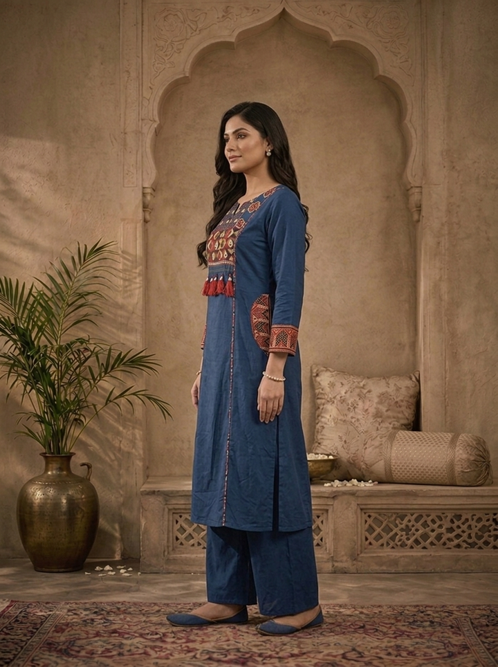 Blue Cotton Solid With Ajrakh Embroidered Three Piece Set