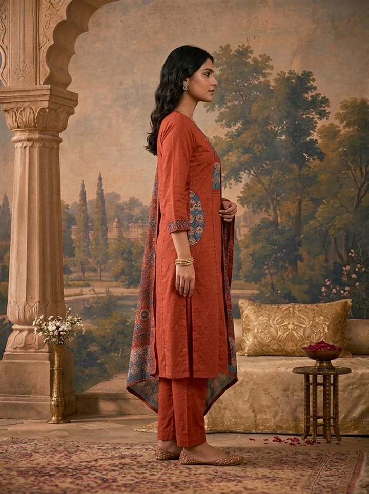 Maroon Cotton Solid With Ethnic Printed Three Piece Set