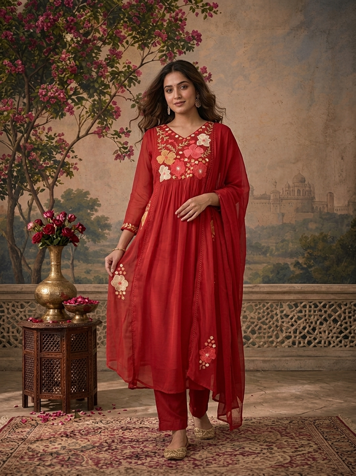 Maroon Muslin Floral Embroidered Three Piece Set