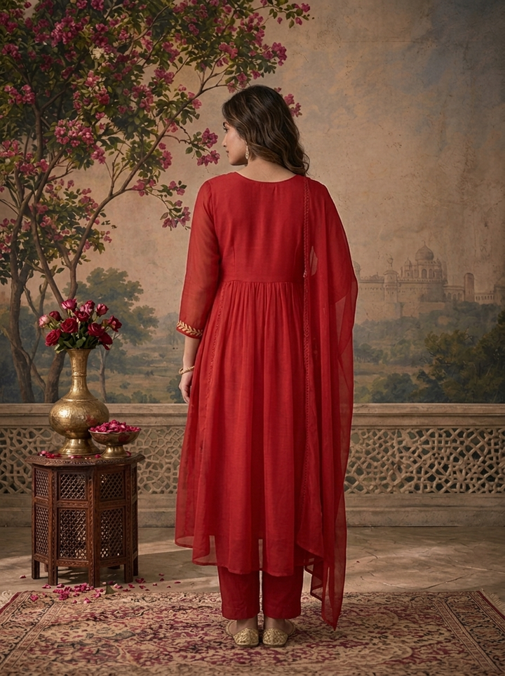 Maroon Muslin Floral Embroidered Three Piece Set