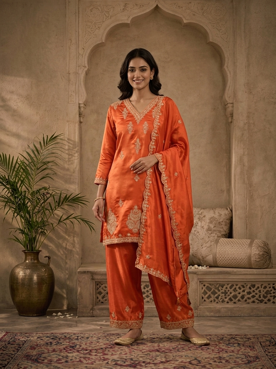 Burnt Orange Satin Zari And Sequins Embroidered Three Piece Set