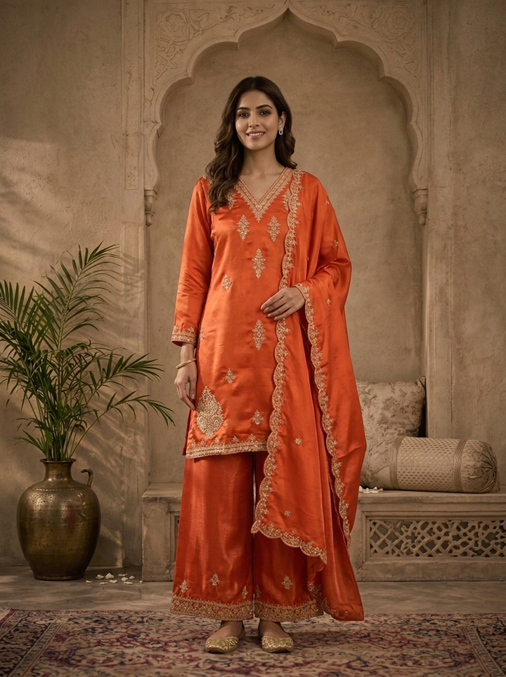 Burnt Orange Satin Zari And Sequins Embroidered Three Piece Set