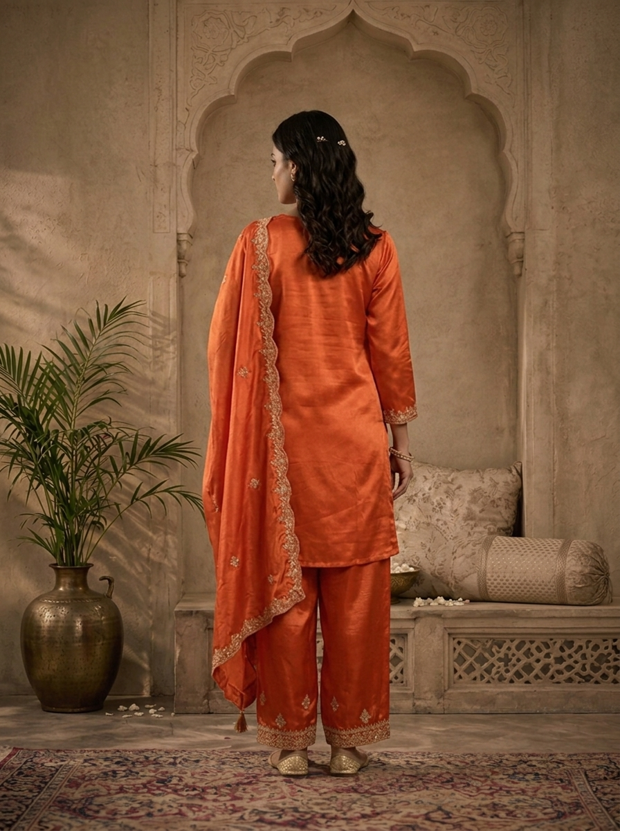 Burnt Orange Satin Zari And Sequins Embroidered Three Piece Set