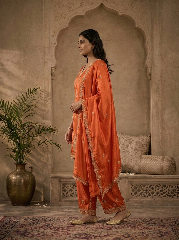 Burnt Orange Satin Zari And Sequins Embroidered Three Piece Set