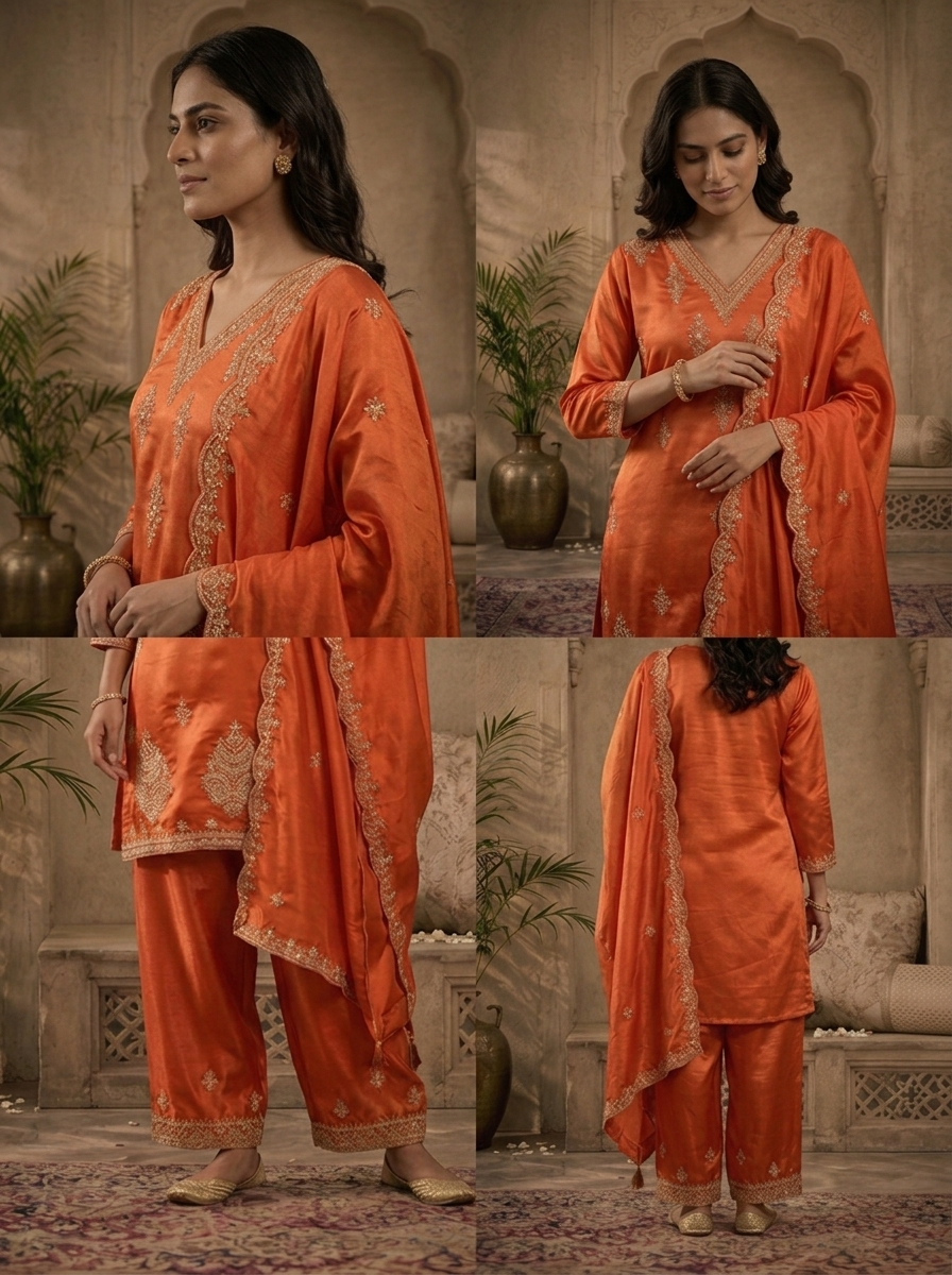 Burnt Orange Satin Zari And Sequins Embroidered Three Piece Set