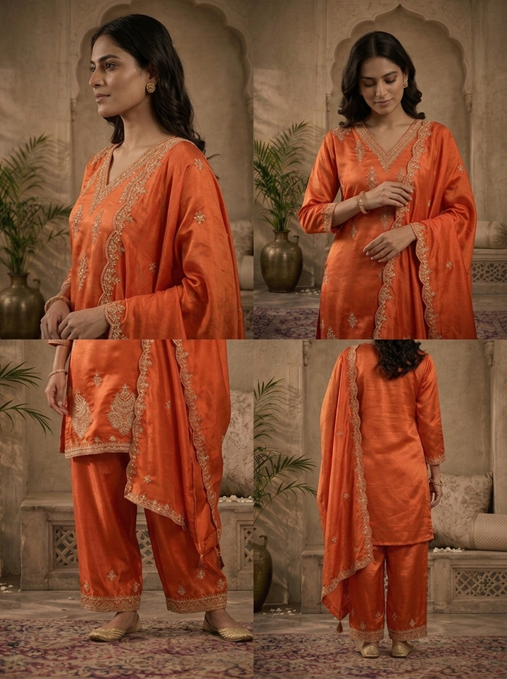 Burnt Orange Satin Zari And Sequins Embroidered Three Piece Set