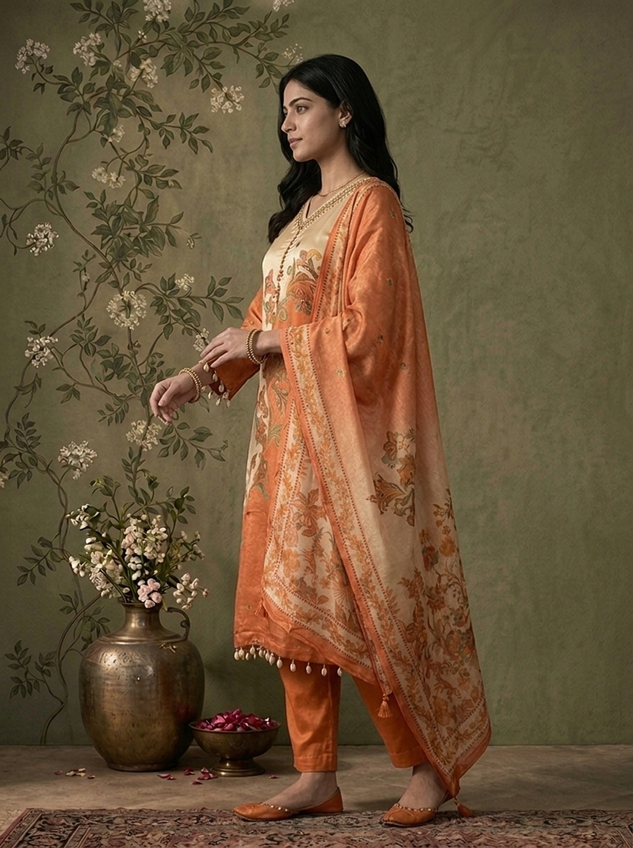 Orange Tissue Ethnic Floral Printed Three Piece Set