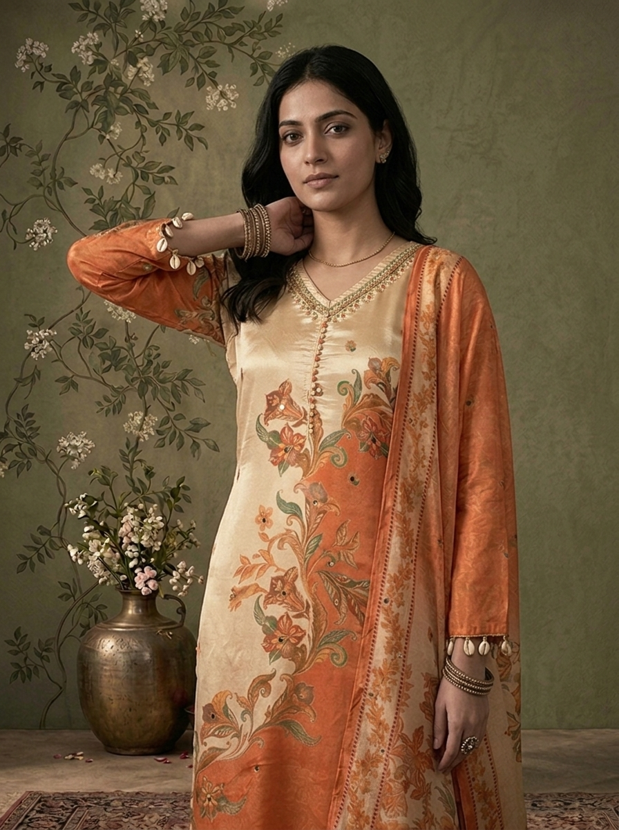Orange Tissue Ethnic Floral Printed Three Piece Set