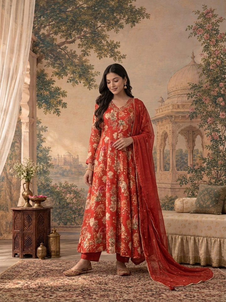 Maroon Chinon Floral Digital Printed Three Piece Set