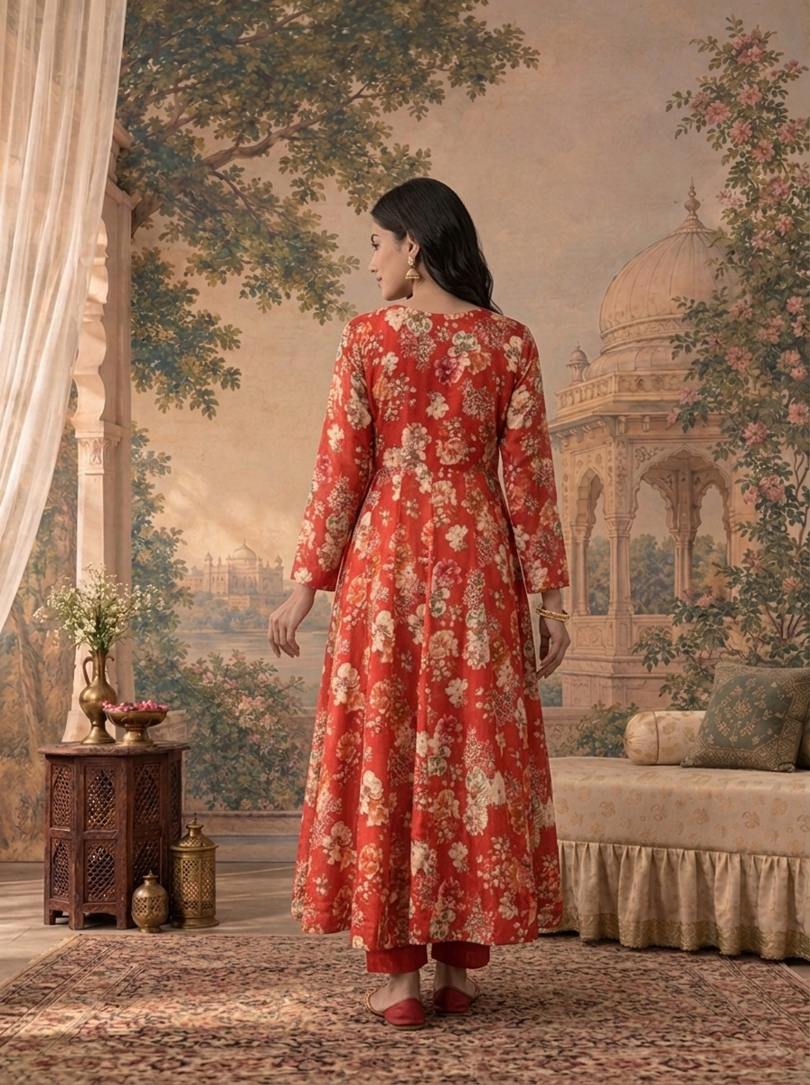 Maroon Chinon Floral Digital Printed Three Piece Set