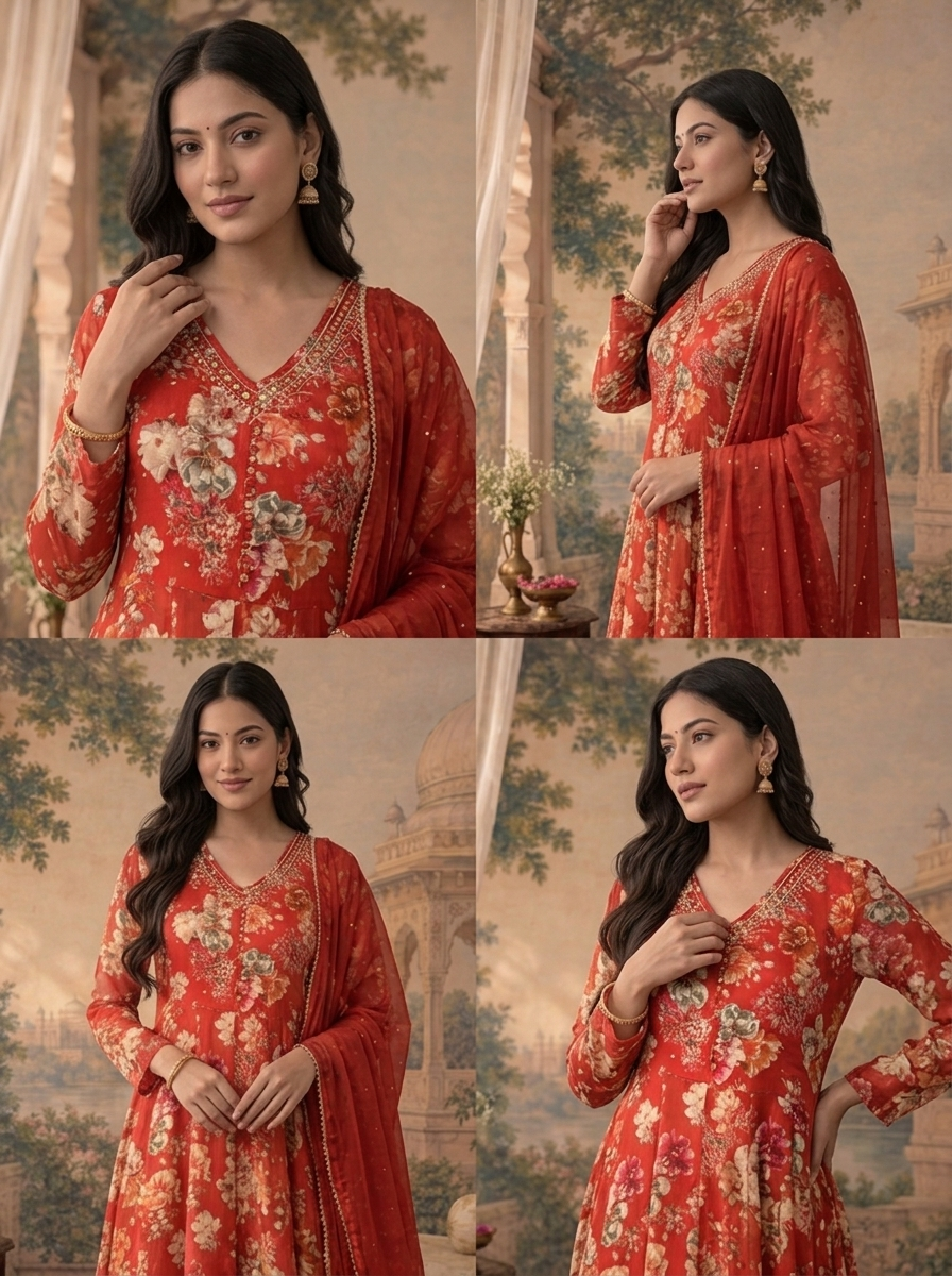 Maroon Chinon Floral Digital Printed Three Piece Set