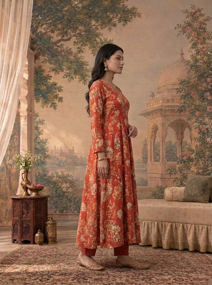 Maroon Chinon Floral Digital Printed Three Piece Set