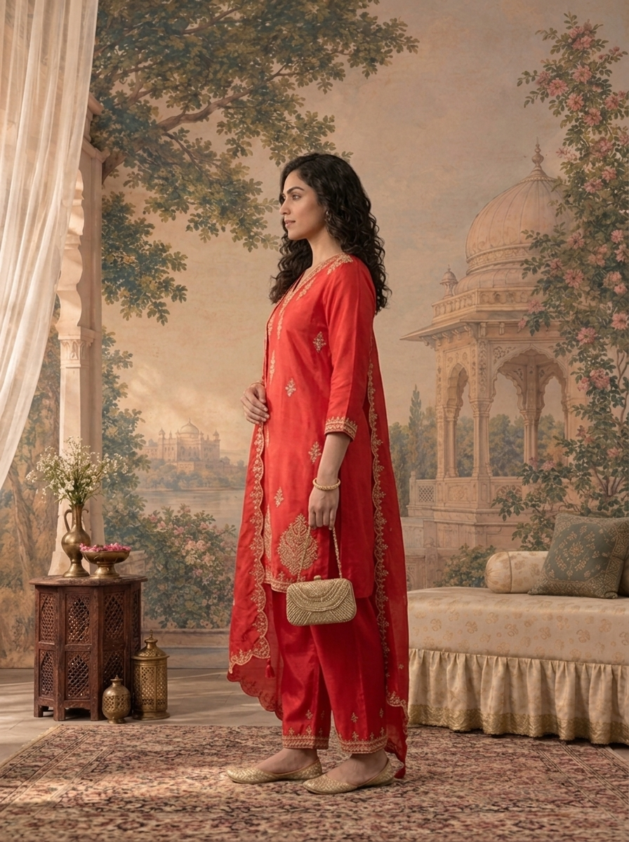 Red Satin Zari And Sequins Embroidered Three Piece Set
