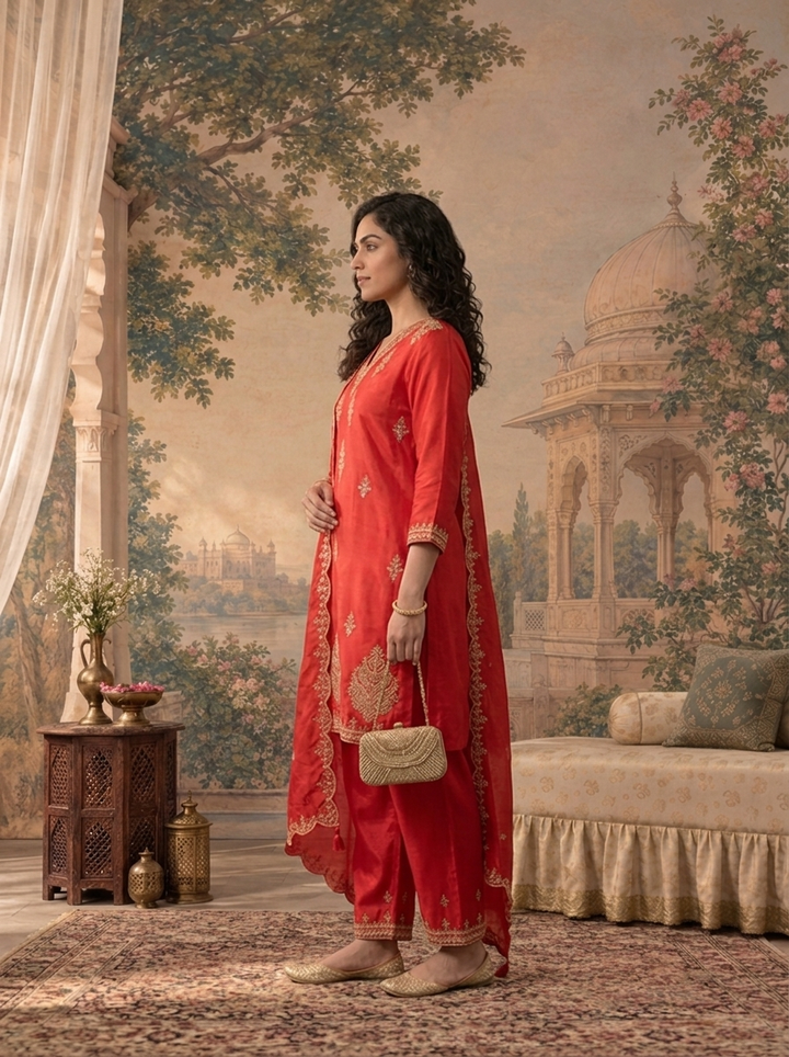 Red Satin Zari And Sequins Embroidered Three Piece Set