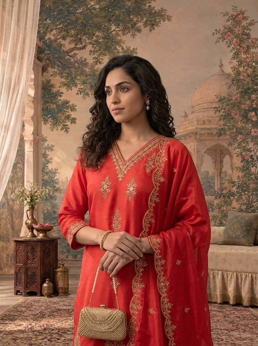 Red Satin Zari And Sequins Embroidered Three Piece Set