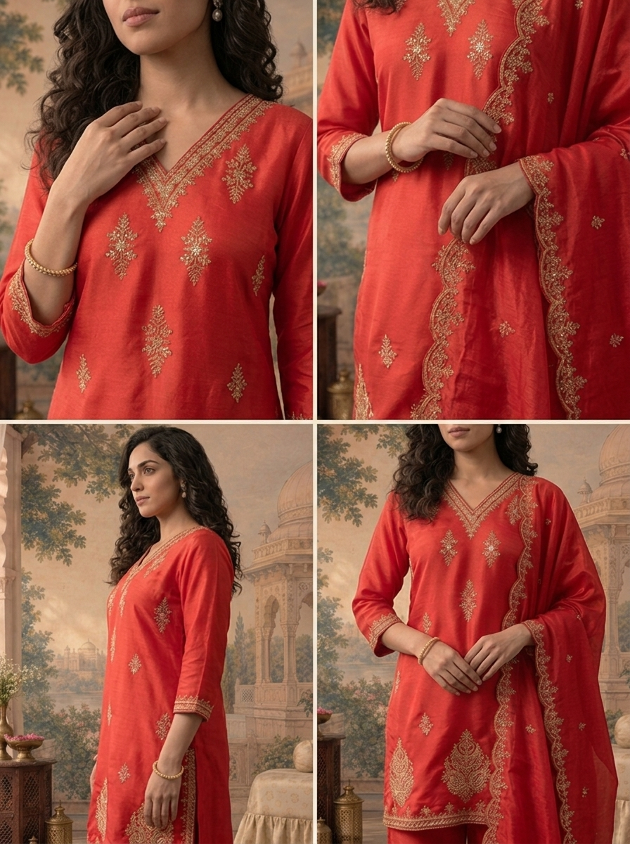 Red Satin Zari And Sequins Embroidered Three Piece Set