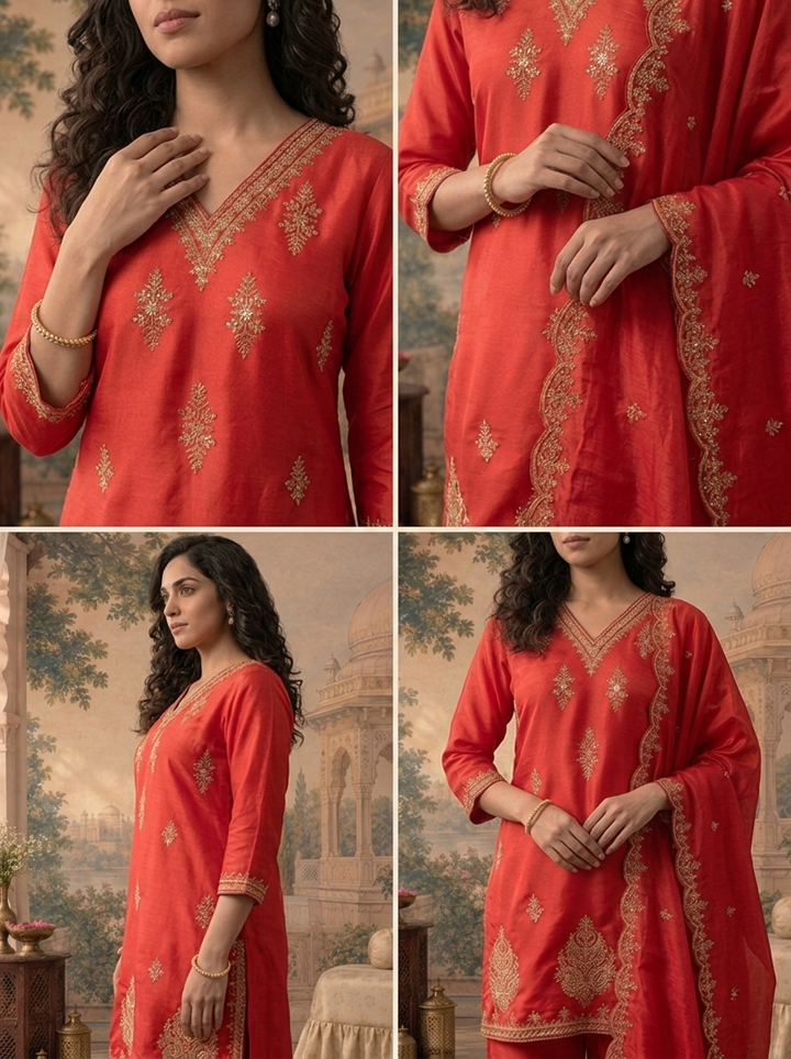 Red Satin Zari And Sequins Embroidered Three Piece Set