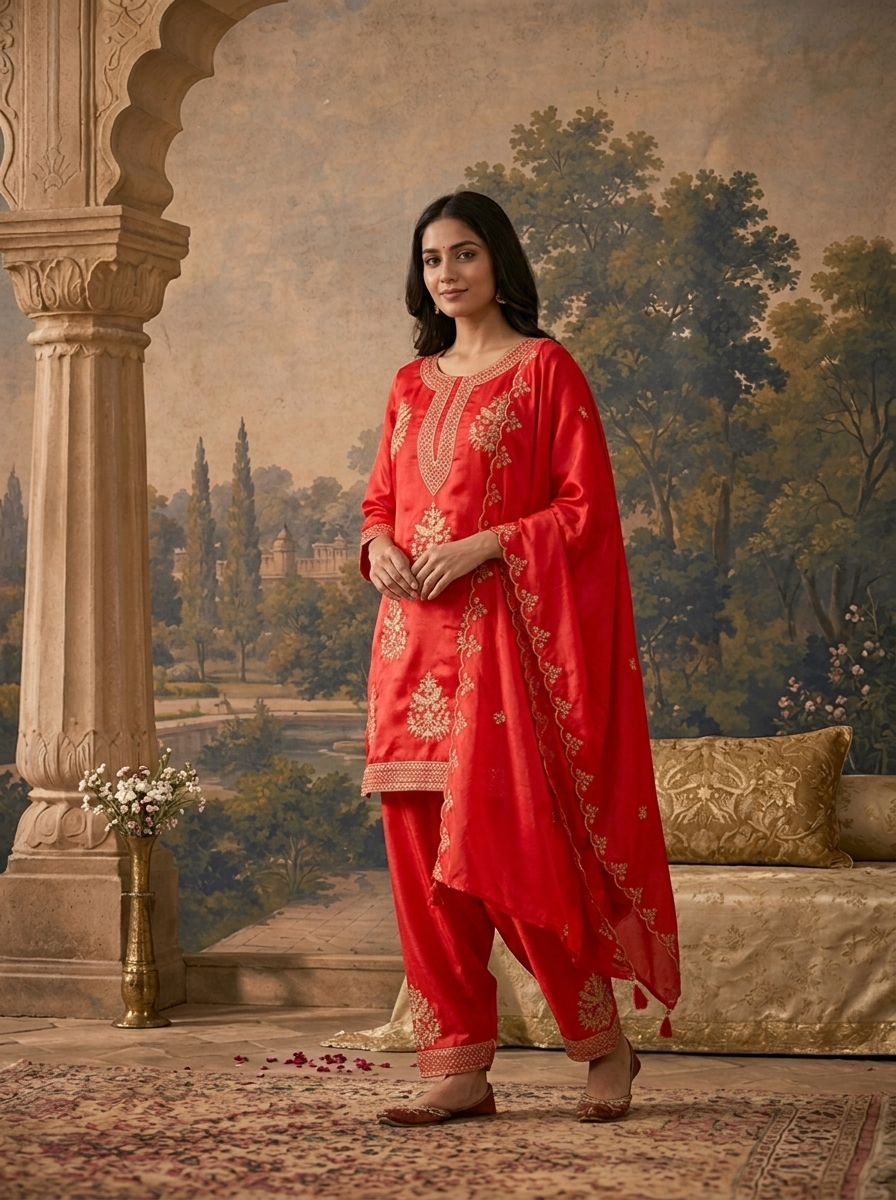 Red Satin Zari Bird Embroidered Three Piece Set