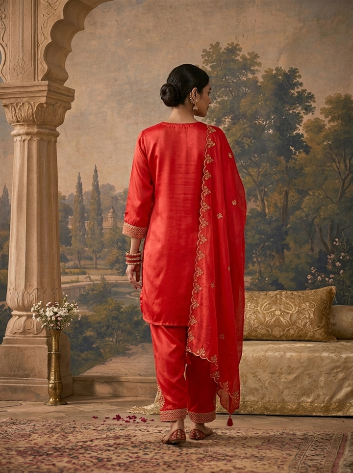 Red Satin Zari Bird Embroidered Three Piece Set