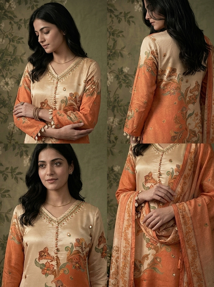 Orange Tissue Ethnic Floral Printed Three Piece Set