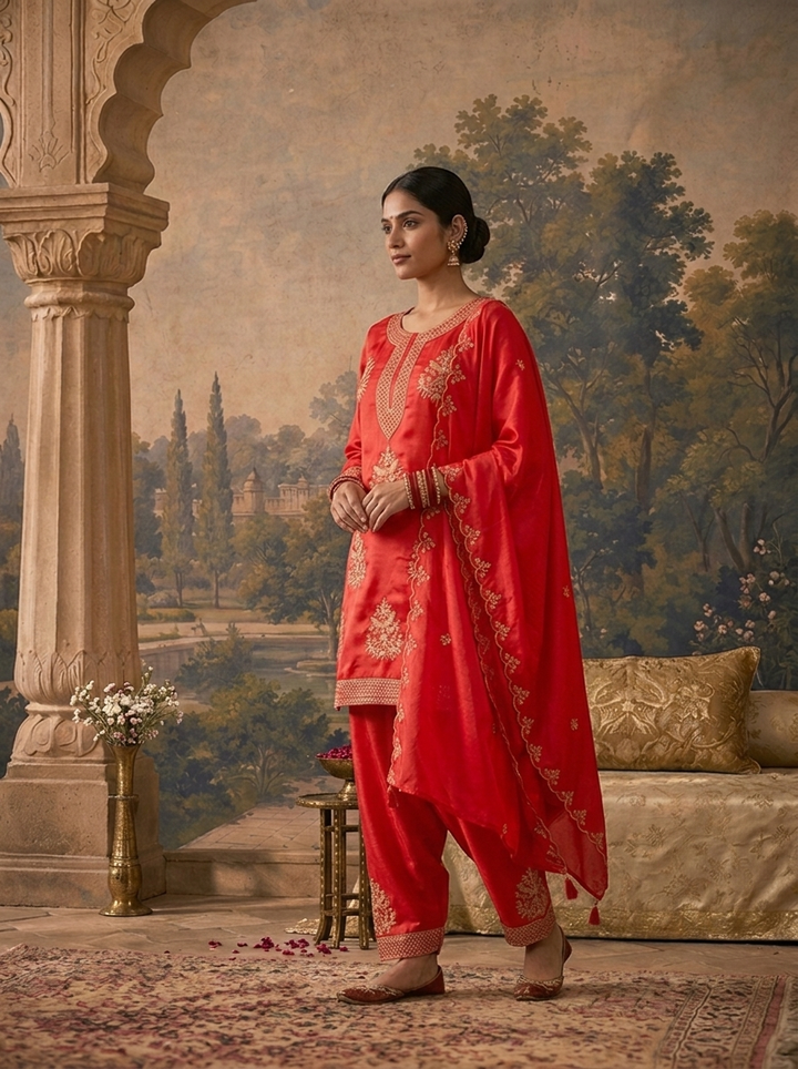Red Satin Zari Bird Embroidered Three Piece Set