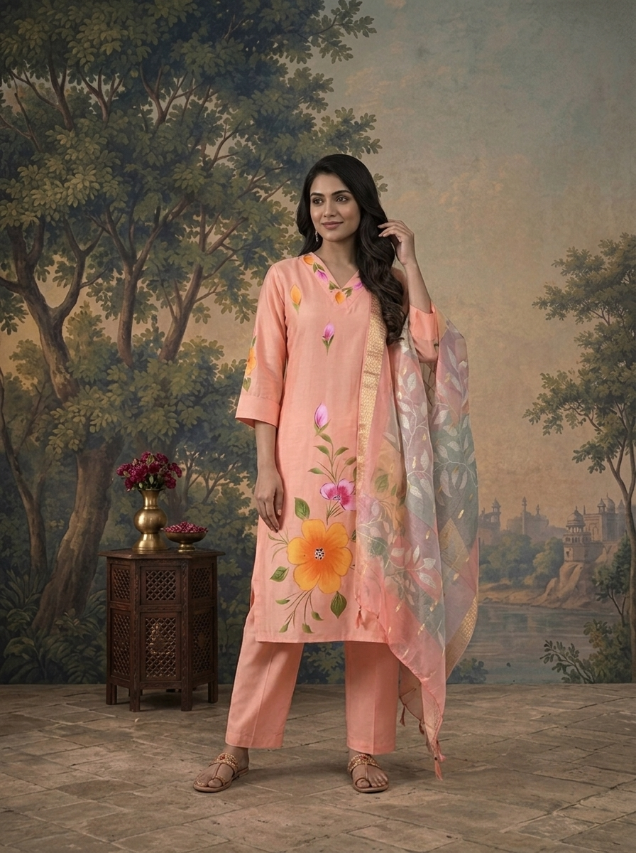 Peach Muslin Floral Hand-Painted Printed Three Piece Set