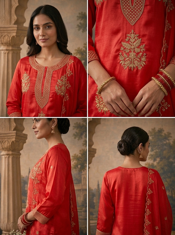 Red Satin Zari Bird Embroidered Three Piece Set