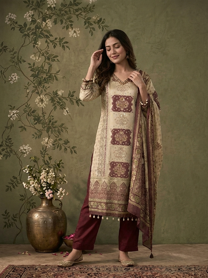 Wine Tissue Vintage Mughal Digital Printed Three Piece Set