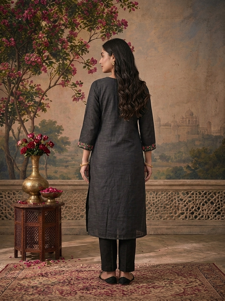 Black Chanderi Solid With Floral Hand Paint Printed Three Piece Set