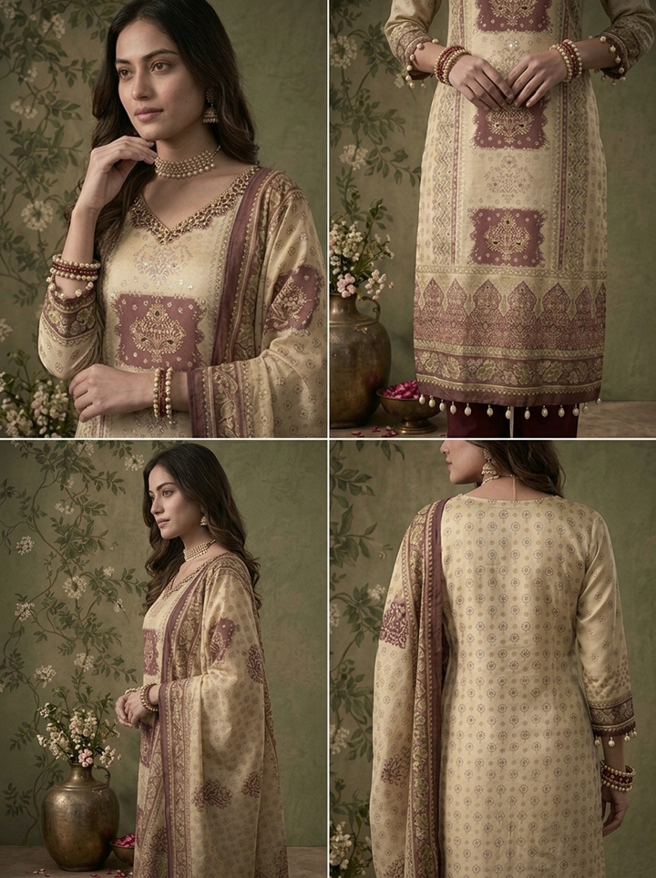 Wine Tissue Vintage Mughal Digital Printed Three Piece Set