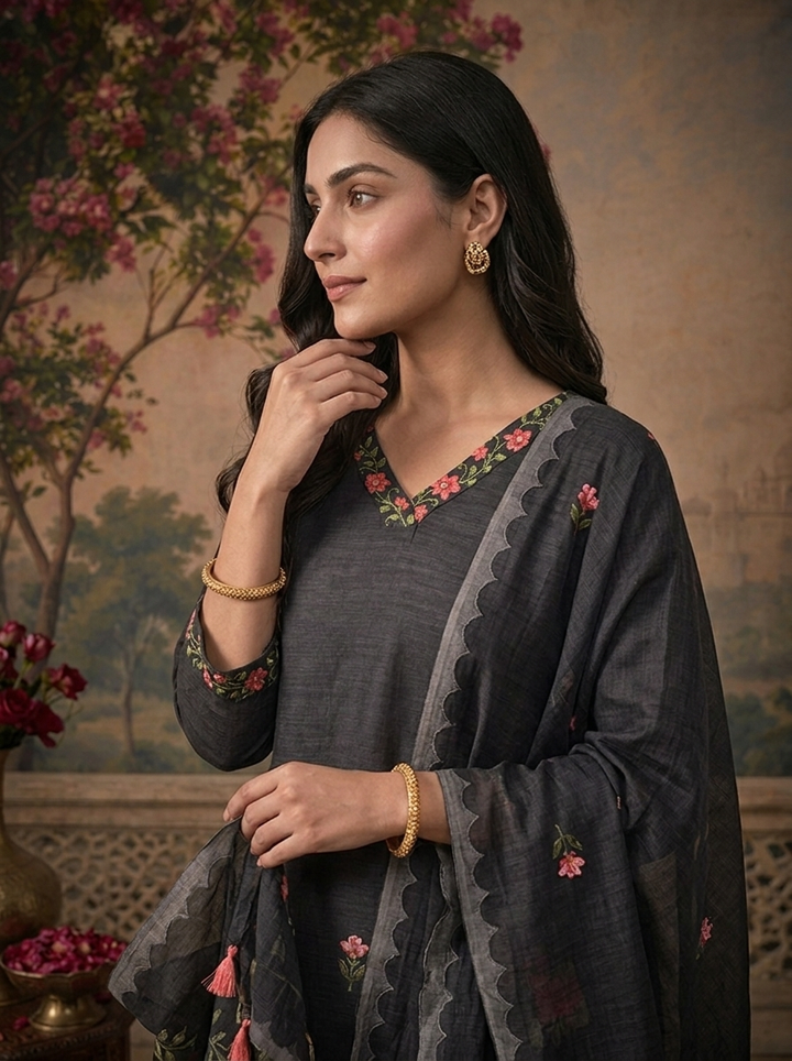 Black Chanderi Solid With Floral Hand Paint Printed Three Piece Set