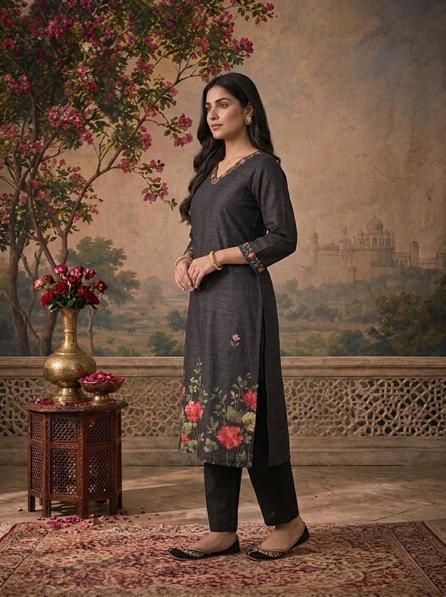 Black Chanderi Solid With Floral Hand Paint Printed Three Piece Set