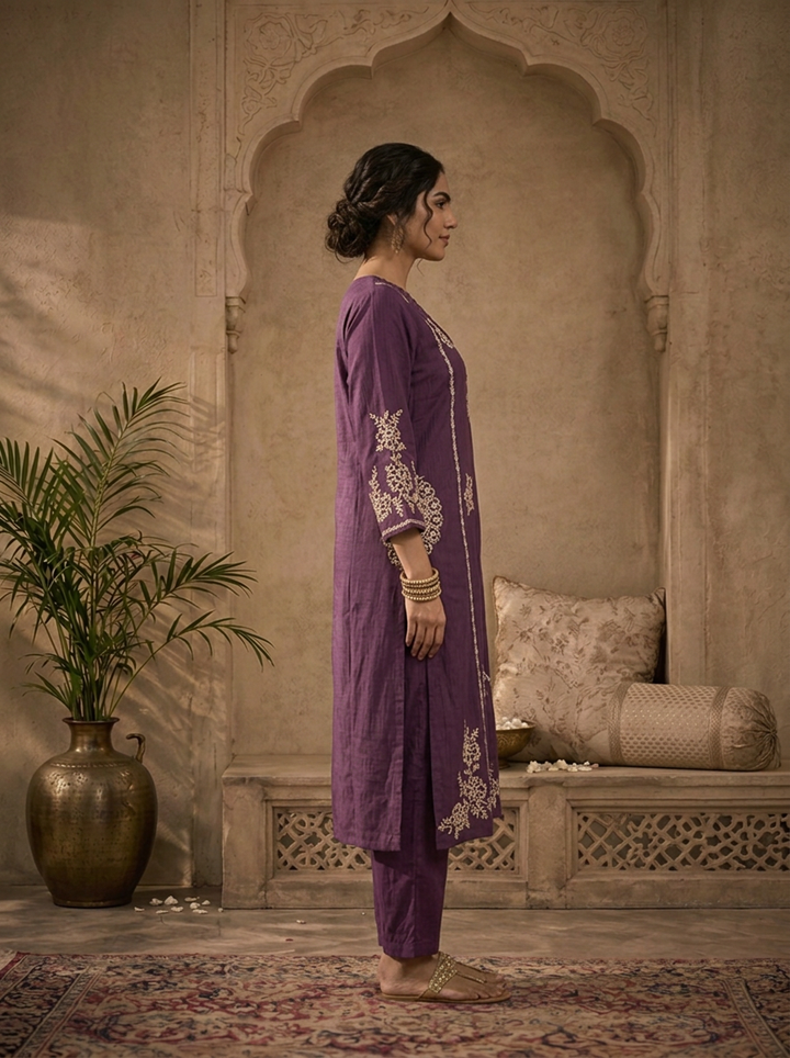 Purple Rayon Floral Thread Embroidered Two Piece Set