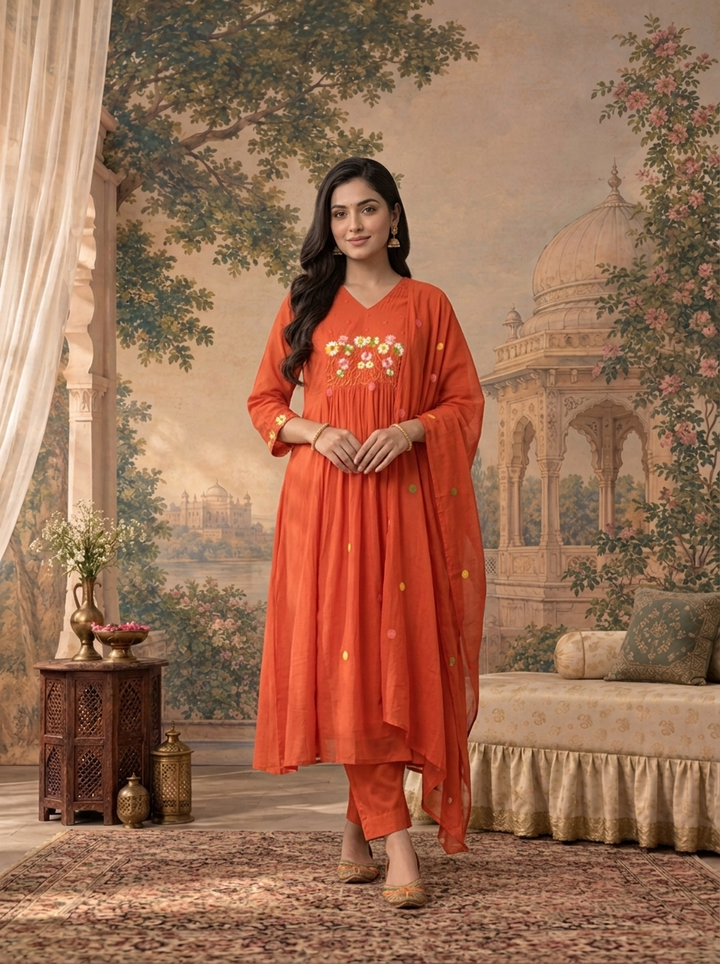 Burnt Orange Muslin Polka Dot With Floral Thread Embroidered Three Piece Set