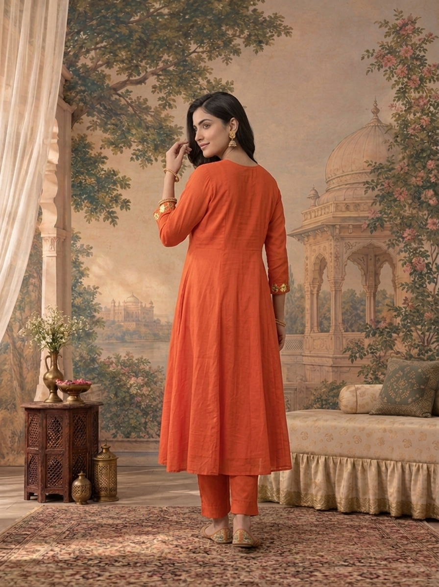 Burnt Orange Muslin Polka Dot With Floral Thread Embroidered Three Piece Set