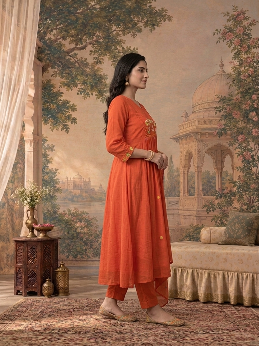 Burnt Orange Muslin Polka Dot With Floral Thread Embroidered Three Piece Set